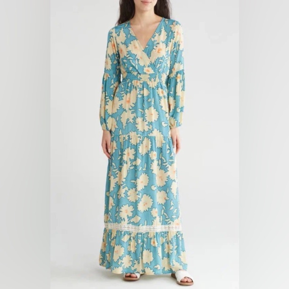 NWT Nordstrom Raga Blue Maxi Dress with White Flowers, Size L - Never Worn